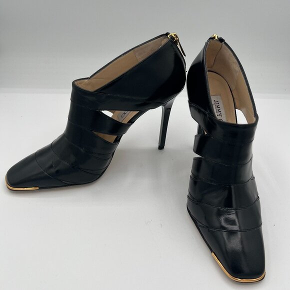 Jimmy Choo Black Leather Cutout Booties with Gold Trim – Size 37 (US: 7) - Picture 1 of 13